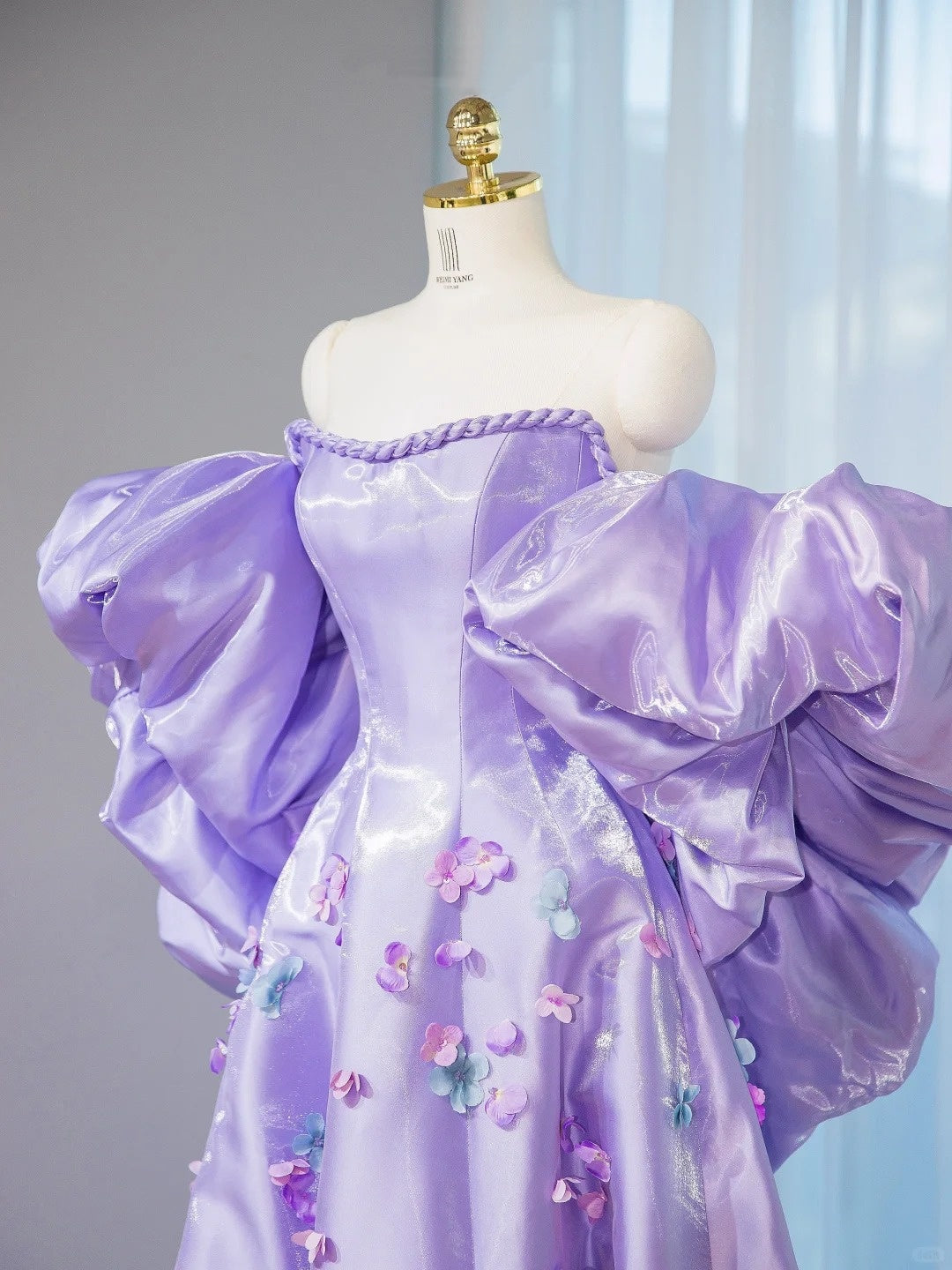 Graceful Purple Shiny Satin Off-Shoulder Maxi Dress 3D Floral Details Dramatic Oversized Puff Sleeves Prom Dress AP2099