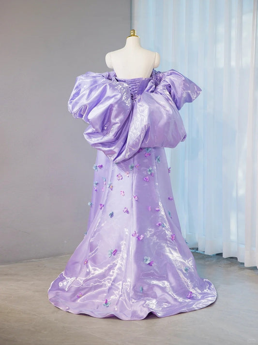 Graceful Purple Shiny Satin Off-Shoulder Maxi Dress 3D Floral Details Dramatic Oversized Puff Sleeves Prom Dress AP2099