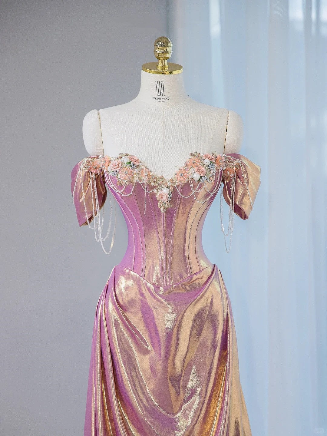 Glam Sheen Fabric Metallic Off-Shoulder Pearl Details Maxi Dress Luxurious Corset Bodice Draped 3D Floral Prom Dress AP2103