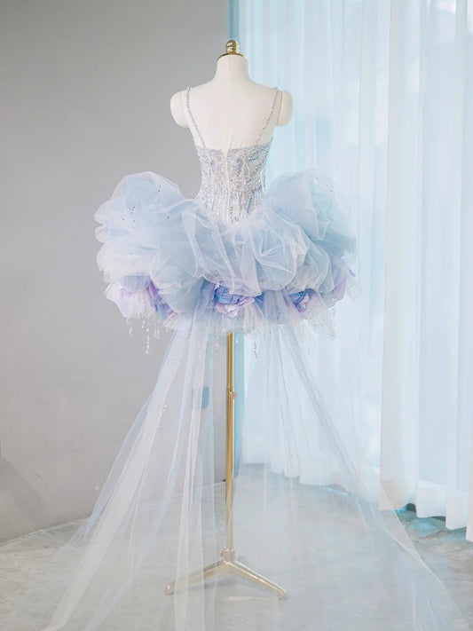 Dreamy Handcrafted Flowers Blue Tulle Trimmed Mini Dress Romantic Spaghetti Strap Crystal Tassel Beading Homecoming Dress AP2104