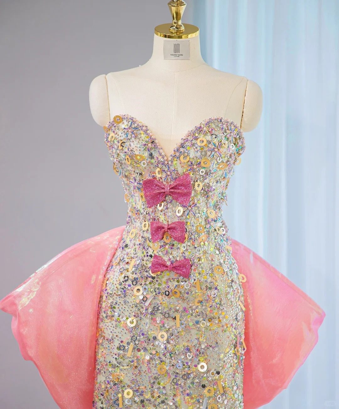 Glamorous Strapless Glittering Sequins Accent Maxi Dress Luxurious Hi-Lo Hem Oversized Bow Long Train Side Slit Prom Dress AP2106