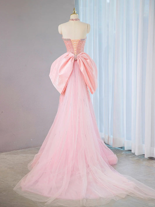 Elegant Strapless Crystal Embellishments Beading Maxi Dress Charming Cascade Tulle Splicing Oversized Bow Long Train Prom Dress AP2107