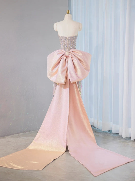 Exquisite Crystal Accent Strapless Beading Maxi Dress Graceful Oversized Bow Iridescent Tassel Trim Prom Dress AP2108