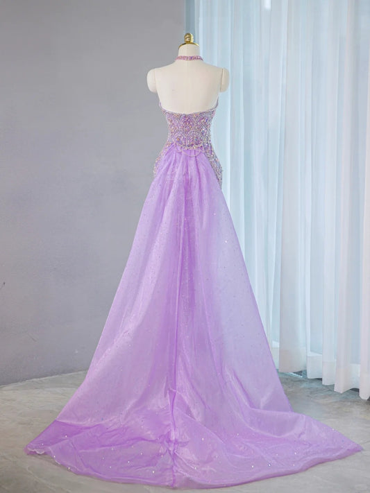 Charming Glittering Sequined Beading Maxi Dress With Tulle Train Romantic Purple Strapless Mermaid Prom Dress AP2109