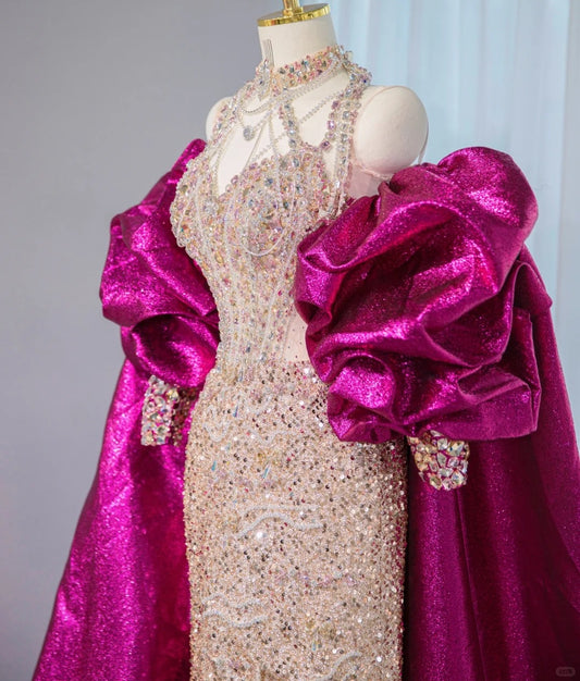 Sexy Sheen Magenta Oversized Cape Halter Maxi Dress Sweet 16 Sparkly Crystal Accent Long Sleeve Prom Dress AP2110