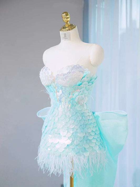 Fairy-Tale Mint Green Strapless Feather Trim Beading Birthday Outfits Mini Dress Charming Sequins Accent Big Tulle Bow Design Homecoming Dress AP2112