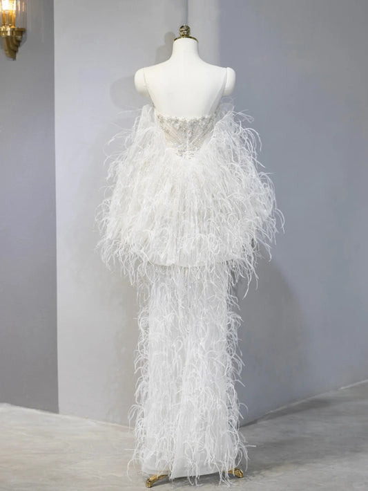 Fashionable White Feather-Embellished Sparkly Sequins Trim Maxi Dress Charming Beading Strapless Puffy Long Sleeve Wedding Dress AP2117