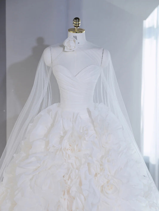 French Style White 3D Floral Ball Gown Engagement Dress With Sheer Tulle Cape Strapless Draped Bodice Wedding Dress AP2121