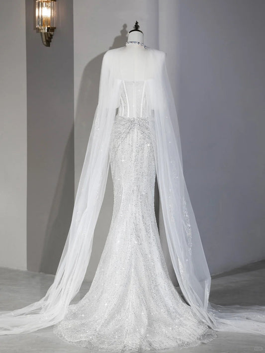 Alluring Off-Shoulder Mermaid Hem Sparkling Rhinestone Bridal Dress With Tulle Scarf Sheath Beaded Waist Accent Wedding Dress AP2122