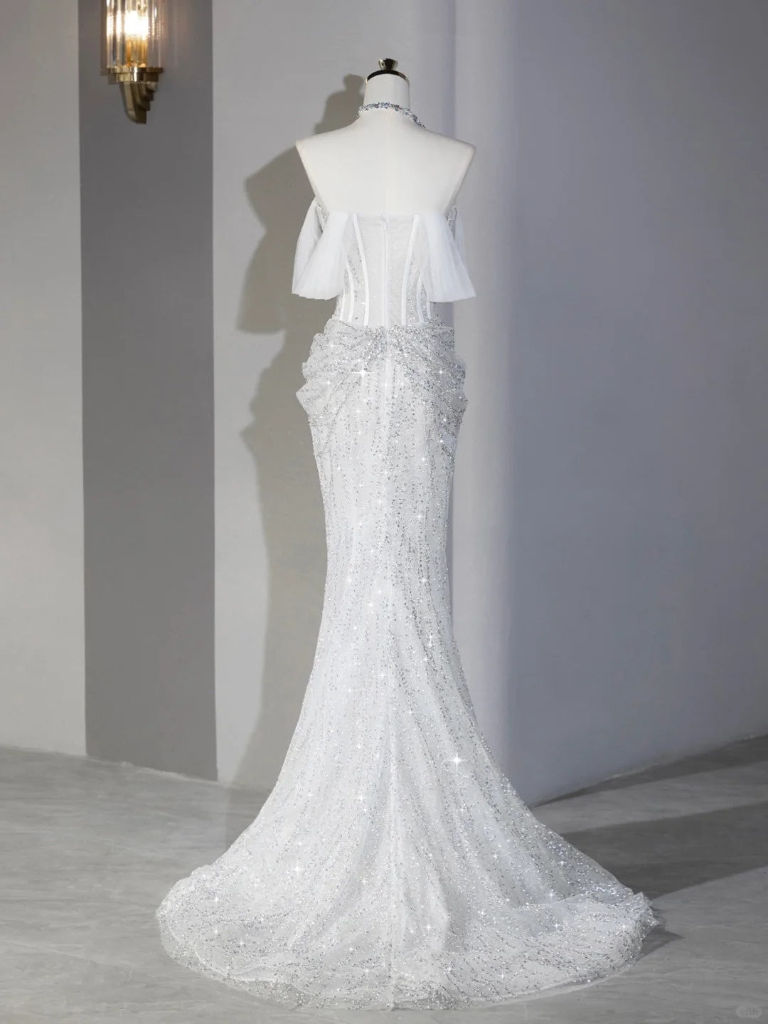 Alluring Off-Shoulder Mermaid Hem Sparkling Rhinestone Bridal Dress With Tulle Scarf Sheath Beaded Waist Accent Wedding Dress AP2122