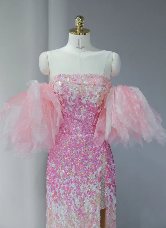 Glamorous White & Pink Gradient Tulle Splicing Off-Shoulder Maxi Dress Vogue High-Slit Sparkling Sequins Accent Prom Dress AP2123