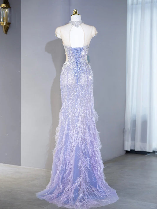 Graceful Purple Intricate Crystal Beading Feather Trimmed Mermaid Dress Lace-Up Back Sheer Mesh Splicing Cutout Short Sleeve Prom Dress AP2127