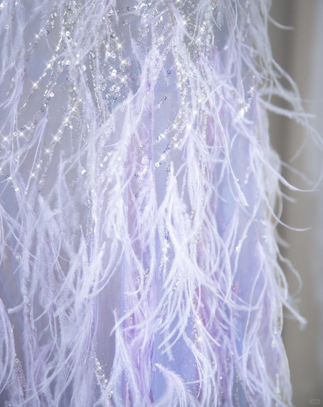 Graceful Purple Intricate Crystal Beading Feather Trimmed Mermaid Dress Lace-Up Back Sheer Mesh Splicing Cutout Short Sleeve Prom Dress AP2127