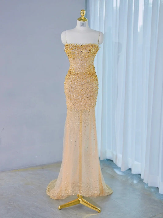 Charming Gold Sequin Strapless Mermaid Maxi Dress Detachable Tulle Cape Beading Accent Prom Dress AP2133
