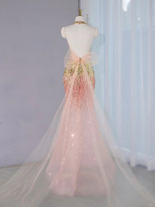 Opulent Gradient Sequins Trimmed Mermaid Hem Maxi Dress Vogue Tulle Bow Design Backless Halter Prom Dress AP2136