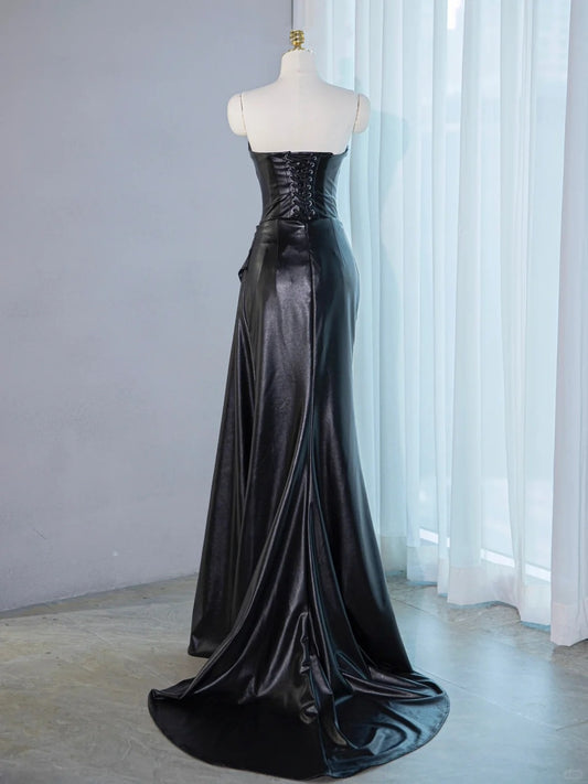 Opulent Black Leather-Like Fabric Strapless Maxi Dress Chic Ruched Neckline Lace-Up Back Prom Dress AP2140