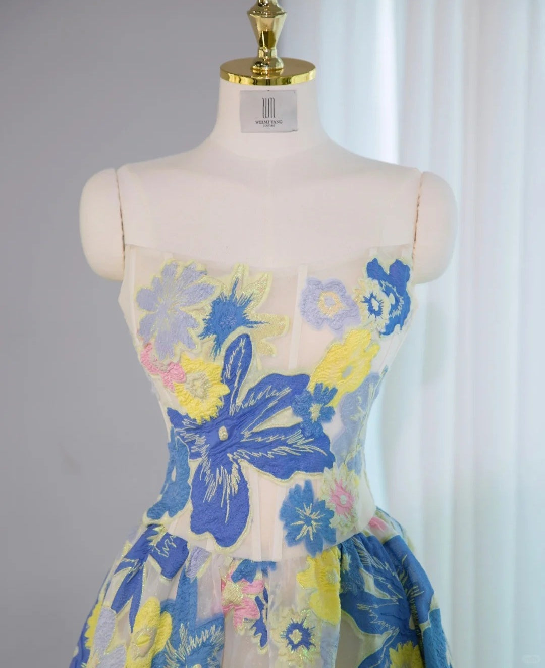 Vibrant Strapless Colorful Floral Embroidered Maxi Dress Elegant Sheen Fabric A-Line Prom Dress AP2142