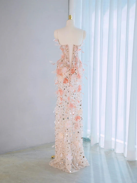 Charming Pink 3D Petal Accent Strapless Maxi Dress Fairy Core Sparkling Sequins Design Lace-Up Back Prom Dress AP2144