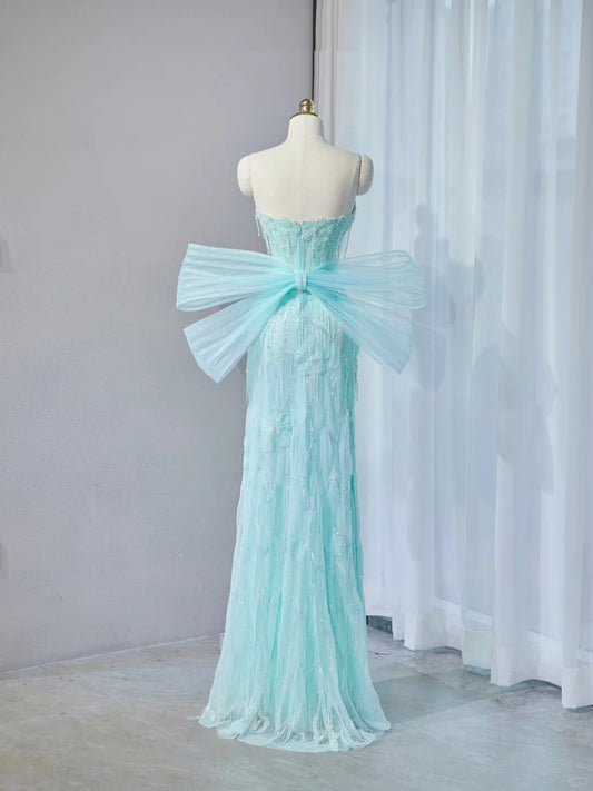 Exquisitely Designed Mint Green Strapless Sheath Maxi Dress Tuextured Applique Beading Big Bow Accent Prom Dress AP2148