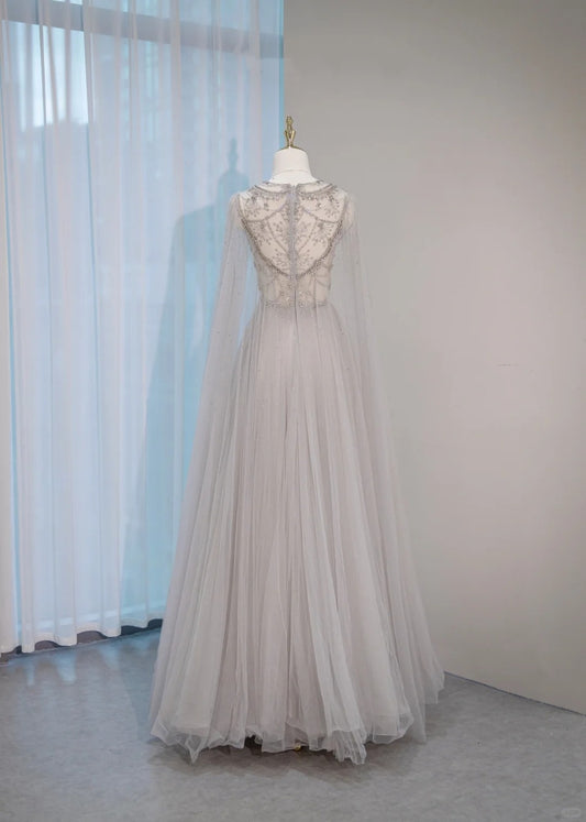 Opulent Round Neck Cascade Tulle Layered Hem Maxi Dress Charming A-Line Crystal Accent Sheer Tulle Cape Formal Events Prom Dress AP2154