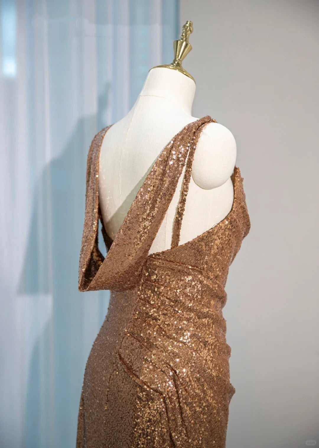 Elegant Asymmetric Spaghetti Straps Draped Maxi Dress Backless Sequin Prom Dress AP2156