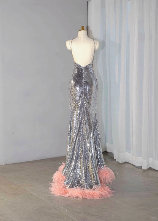 Romantic Silver All-Over Sequin Cutout Pink Feather Trim Maxi Dress Vintage Rhinestone Straps Open Back Prom Dress AP2157