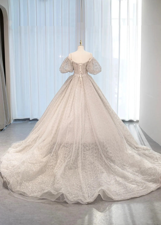 New Arrival Off-Shoulder Puffy Short Sleeve Sparkly Textured Fabric Engagement Dress Vogue Corset Waist Cascade Hem Wedding Dress AP2158