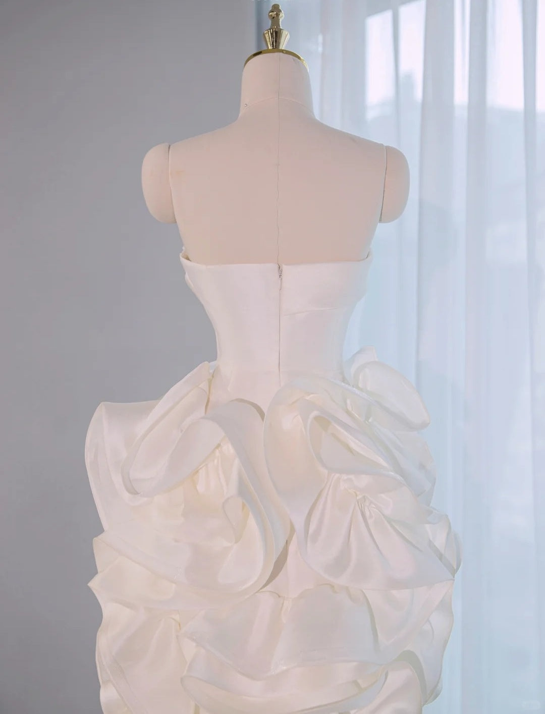 Dreamy Strapless Zipper Back Sheath Midi Dress Romantic Luxurious Ivory Lustrous Tiered Ruffles Hem Prom Dress AP2165