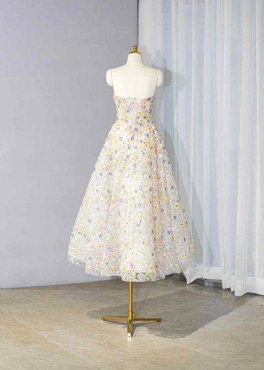 Romantic Colorful Applique Strapless Maxi Dress Vogue Lace-Up Back A-Line Sequins Accent Prom Dress AP2170