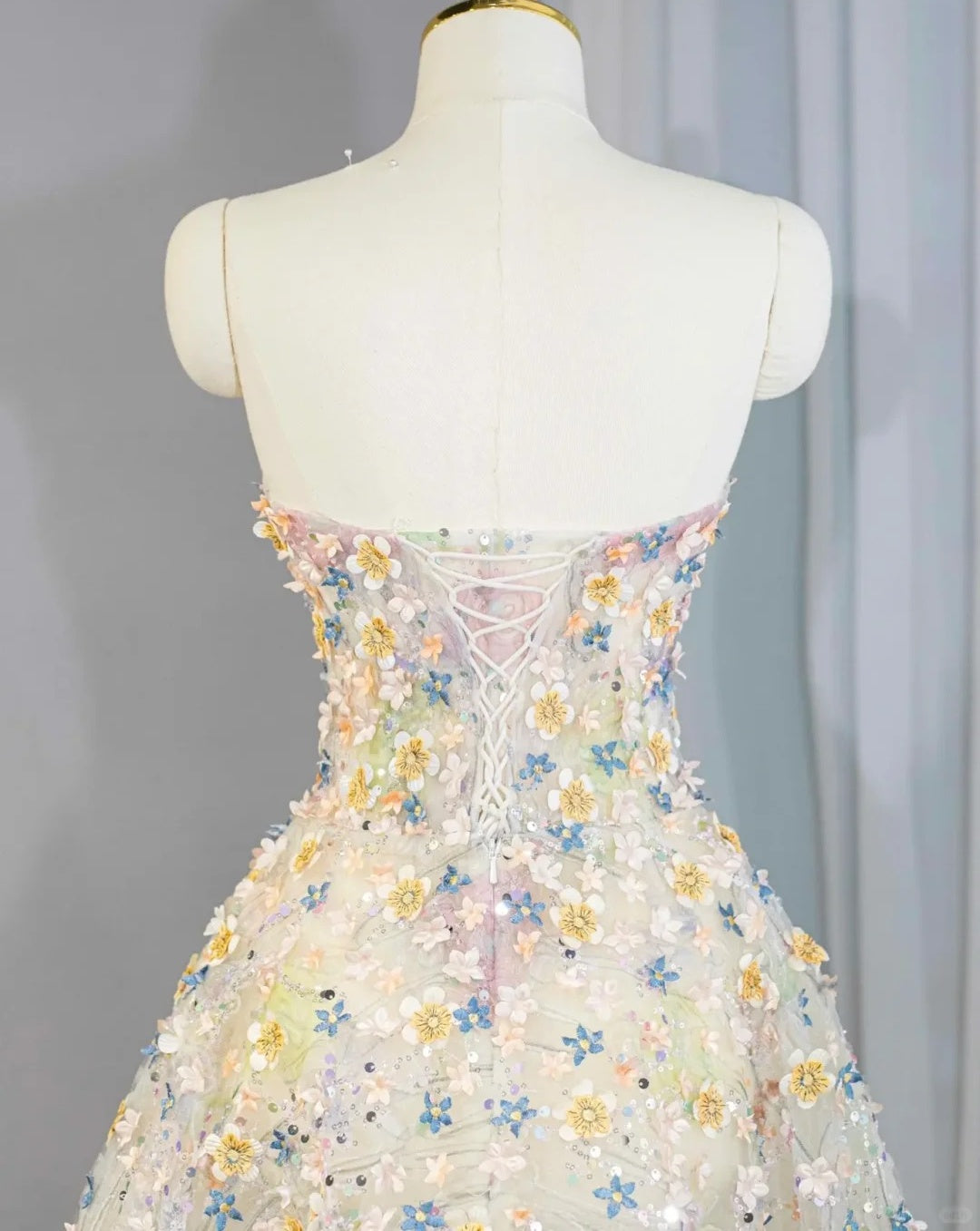 Romantic Colorful Applique Strapless Maxi Dress Vogue Lace-Up Back A-Line Sequins Accent Prom Dress AP2170