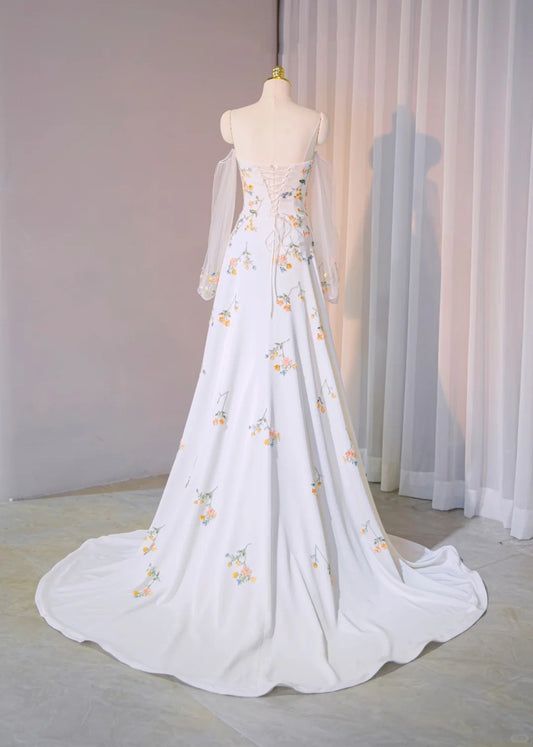 New Arrival Off-Shoulder Floral Embroidered Bridal Dress Charming Long Sheer Tulle Sleeve Lace-Up Back Wedding Dress AP2175