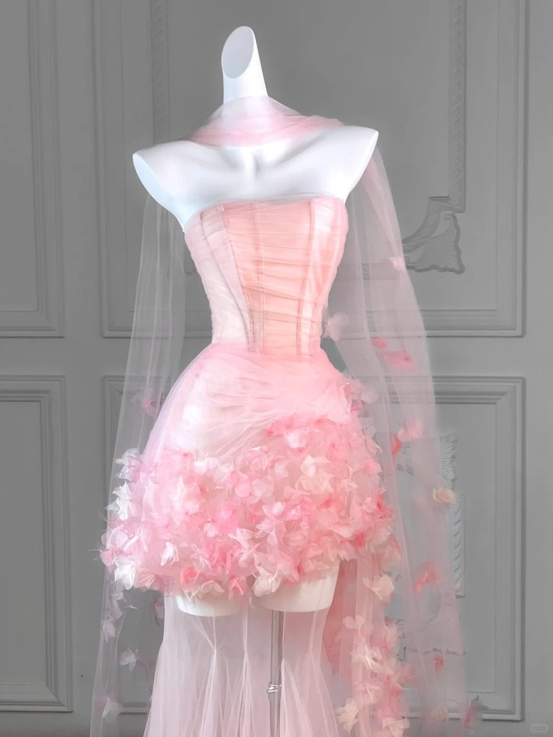 Dreamy Strapless Pink Tulle Hem Maxi Mermaid Evening Dress Ethereal Corset Bodice 3D Floral Details Prom Dress AP2196