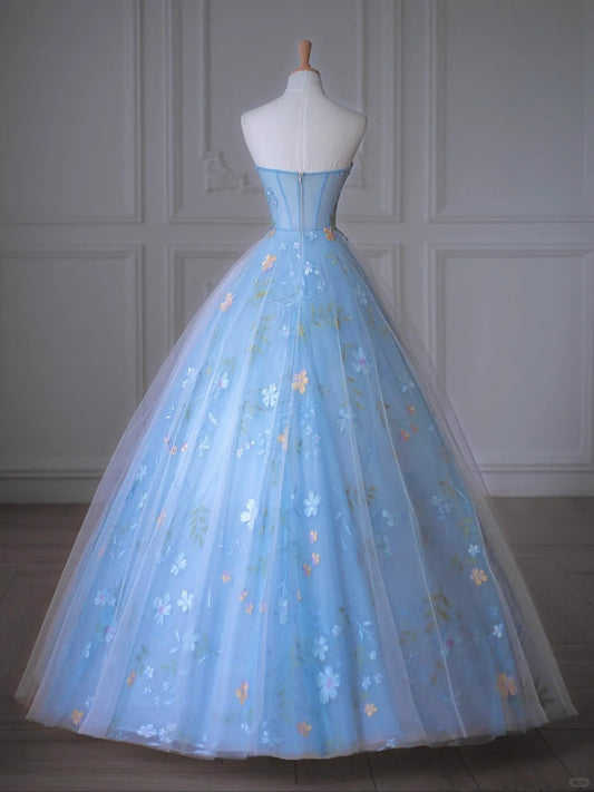 Romantic Blue Tulle Layered Strapless Maxi Dress Dopamine-Inspired 3D Floral Accent A-Line Prom Dress AP2206