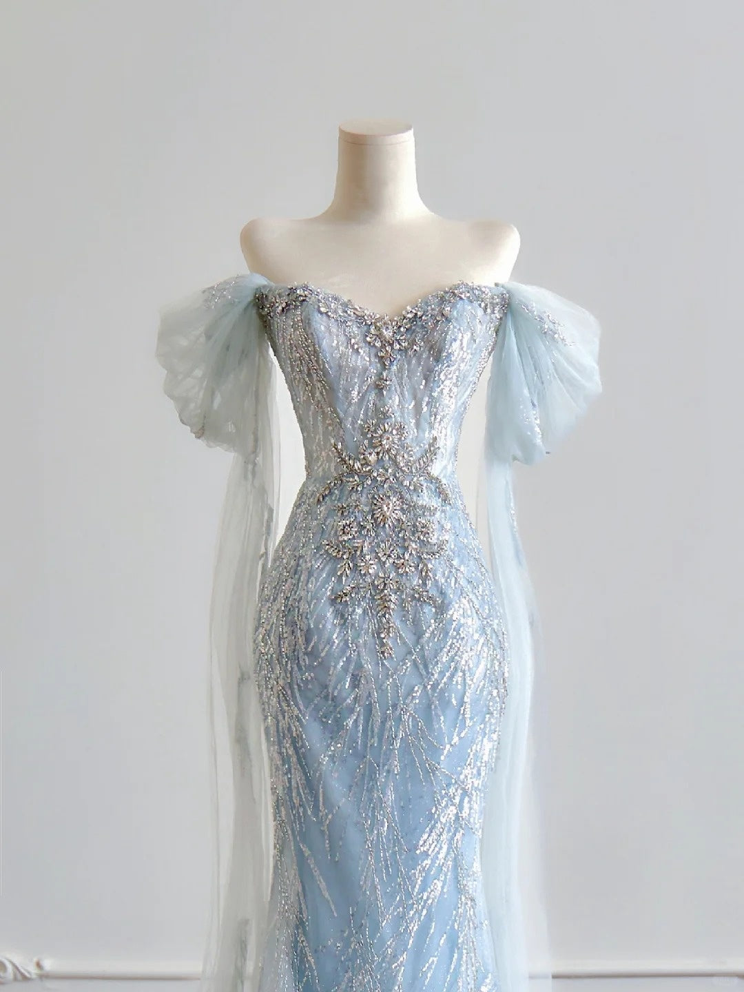 Elaborate Glittering Sequins Mermaid Rhinestone Accent Maxi Dress Elegant Sheer Mesh Trimmed Off-Shoulder Prom Dress AP2217