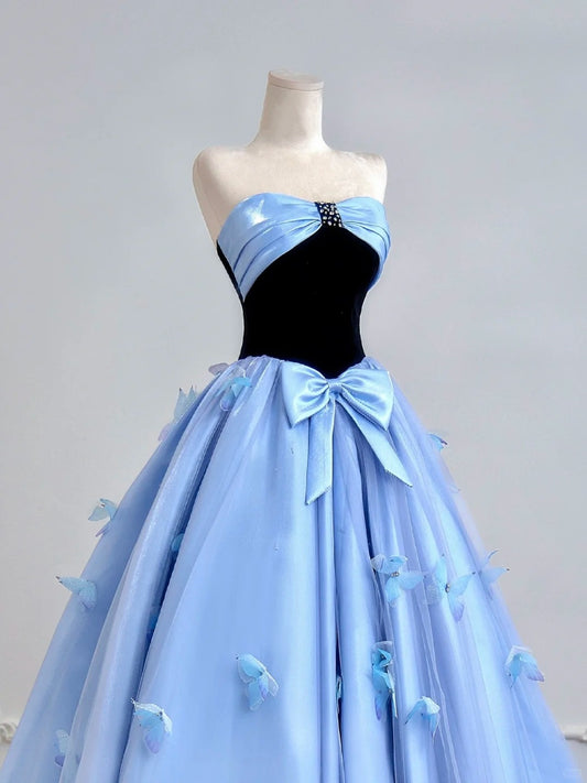 Glamorous Beaded Strapless Light Blue Tulle Overlay Hem Maxi Dress Cute Black Bodice 3D Butterfly Decor Prom Dress AP2221