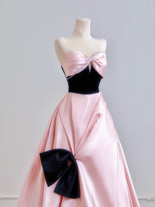 Luxurious Beading Strapless Pink Satin Ruched Evening Maxi Dress Cute Cutout Black Bodice Big Bow Accent Prom Dress AP2222