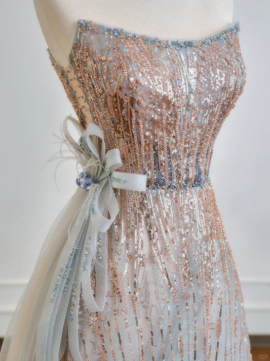 Sparkling Sequin Ombre Evening Strapless Maxi Dress Alluring Floor-Length Tulle Train Bow Accent Prom Dress AP2224