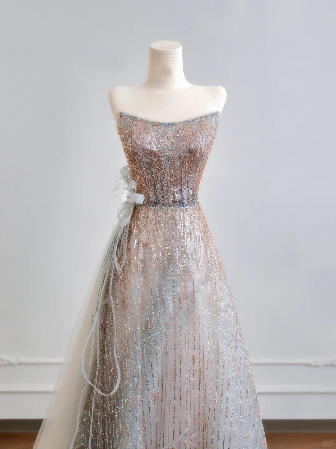 Sparkling Sequin Ombre Evening Strapless Maxi Dress Alluring Floor-Length Tulle Train Bow Accent Prom Dress AP2224