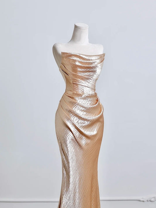 Graceful Champagne Shimmering Mermaid Maxi Dress Vogue Draped Strapless Prom Dress AP2225