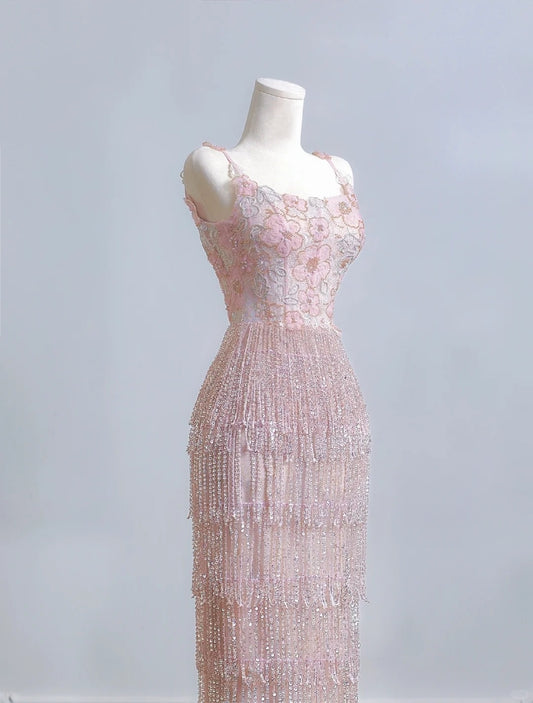 Charming Textured Floral Accent Beading Tassel Evening Maxi Dress Chic Spaghetti Strap Sheath Prom Dress AP2226