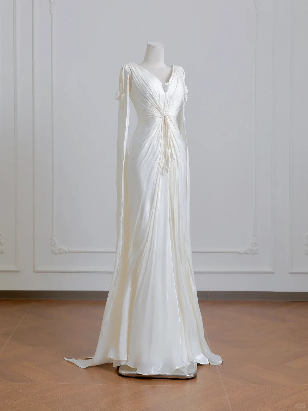 French Style Deep V-Neck Artistic Twisted Bodice Maxi Dress Vogue Elegant Flowing Sleeves 3D Flowers Accent Prom Dress AP2227