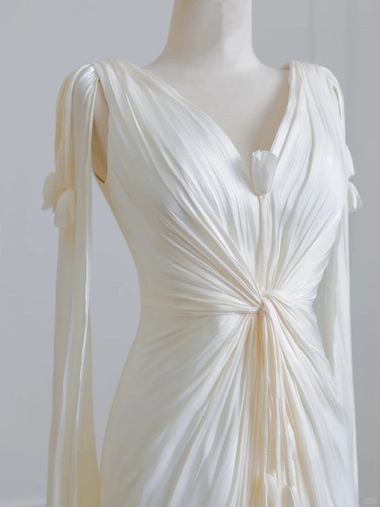 French Style Deep V-Neck Artistic Twisted Bodice Maxi Dress Vogue Elegant Flowing Sleeves 3D Flowers Accent Prom Dress AP2227