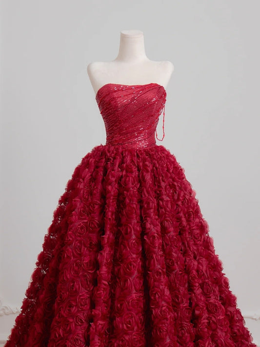Luxurious Red Rose Accent Strapless Maxi Dress Charming Beading Shimmering Bodice A-Line Prom Dress AP2229