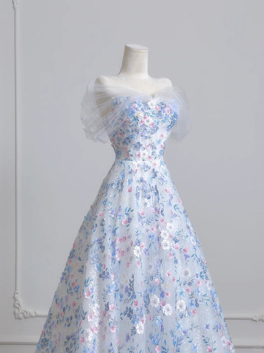 Romantic Textured Applique Beaded Maxi Dress Charming Mesh Off-Shoulder A-Line Prom Dress AP2230