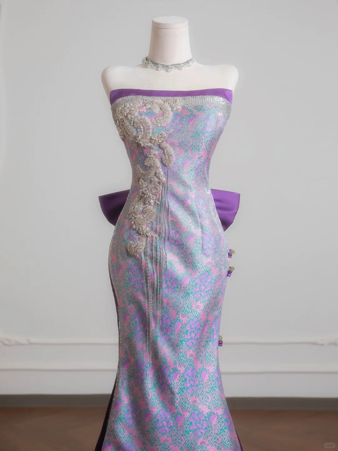 Retro Beading Tassel Floral Print Mermaid Bow Tulle Accent Strapless Prom Dress AP2236