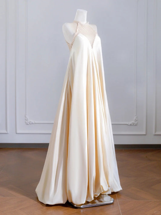 Dreamy Round Neck Mesh Trimmed A-Line Flowing Draped Prom Dress AP2240