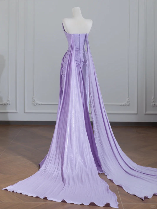 French-Inspired Purple Strapless Shimmering Mermaid With Ribbons Pleat Prom Dress AP2242