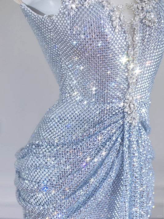 Luxurious Round Neck Beaded Sheer Mesh Splicing Blue Rhinestone Sheath Draped Prom Dress AP2244