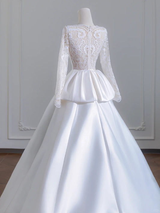 Elegant Satin Long Sleeve A-Line Bridal Dress Lace Back Jewel Neck Wedding Dress AP2245