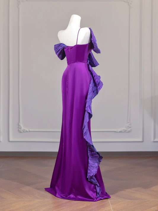 Alluring Purple Satin Big Bow Ruffles Trim Sheath One-Shoulder Prom Dress AP2250